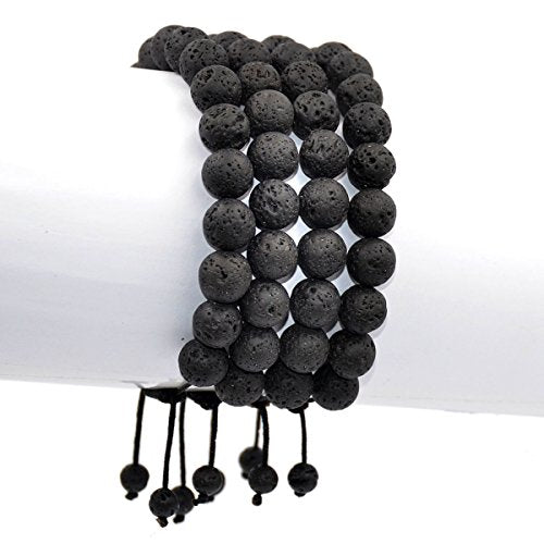 AD Beads Natural 10mm Gemstone Bracelets Healing Power Crystal Macrame Adjustable 7-9 Inch - color: Black Lava