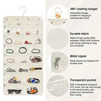 Hanging Jewelry Organizer with 50 Transparent Pockets, 360° Rotating Hanger & Secure Zipper Closure - Foldable Double Sided Jewelry Storage Bag for Earrings, Rings, Necklaces, Bracelets (Beige)