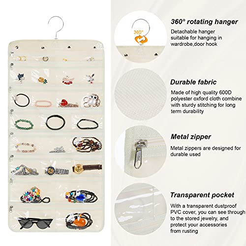 Hanging Jewelry Organizer with 50 Transparent Pockets, 360° Rotating Hanger & Secure Zipper Closure - Foldable Double Sided Jewelry Storage Bag for Earrings, Rings, Necklaces, Bracelets (Beige)