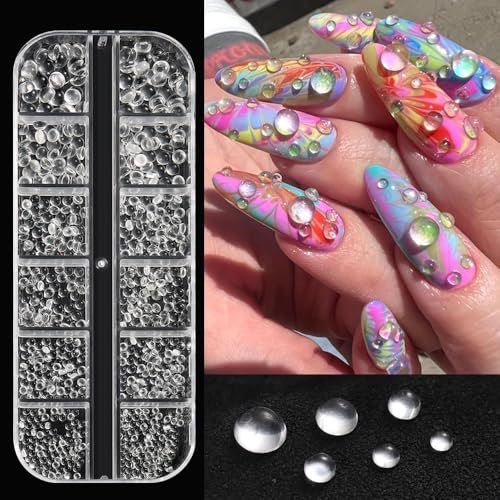 3D Mixed Sizes Clear Bubble Beads Nail Charms Jewelry, Transparent Semi-Circular Dewdrop Water Droplets Glass Bubble Balls Flatback Rhinestones Crystal Gems for Nails Supplies DIY Crafts Decorations - color: Clear
