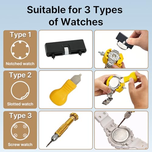 EasyTime Watch Case Opener Tool: Watch Battery Replacement Tool Kit for Back Removal and Maintainance with Adjustable Case Opener, Screwdriver, Tweezers, Opening Knives - color: Yellow