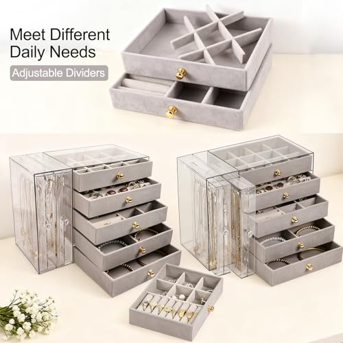 Greenfeather Jewelry Organizer with 7 Removable Drawers, Clear Acrylic Jewelry Box with 16 Necklace Hooks 48 Pairs of Earring Holes 5 Velvet-Lined Drawers for Rings Bracelets Necklaces - color: Gray-Style B