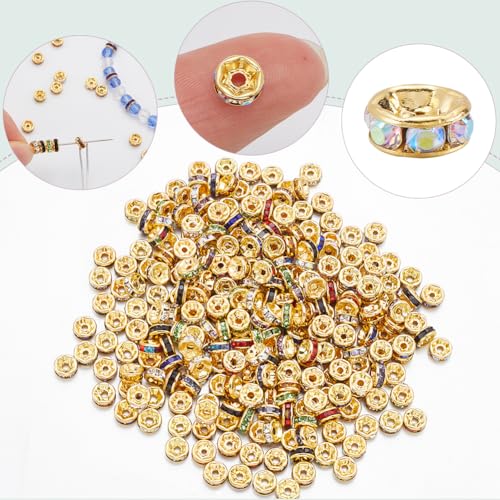 1 Box 300Pcs 10 Colors Gold Rondelle Spacer Beads Bulk Rhinestone Bead Spacers 6mm Grade A Brass Rhinestones Crystal Round Metal Charms Beads for Jewelry Making Bracelets Earrings DIY Crafts - style: Style 2