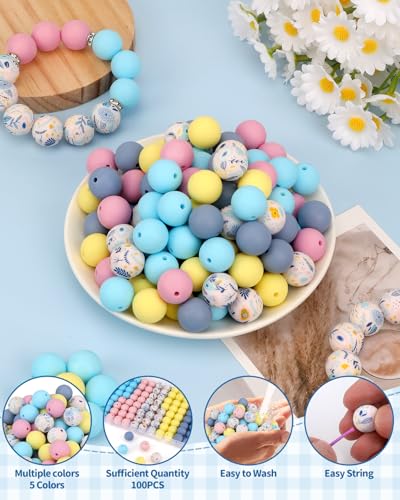 100 Pcs 15mm Silicone Beads for Keychain Making, Flowers Silicone Beads Bulk Round for Bracelets Pens Crafts Jewelry Making (Flowers) - color: Flowers