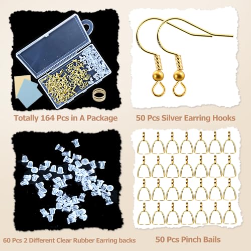 XKCWXY 160Pcs 925 Gold Hypoallergenic Earring Hooks and 2 Style Clear Silicone Backs, DIY Jewelry Making Kit
