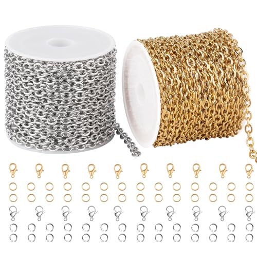 SMYHTGLIF 2 Rolls Total 32.8 Feet Gold and Silver Chain for Jewelry Making Stainless Steel Cable Chain Roll Oval Link Bulk Chain Craft Jewelry Making Chains - size: 5.1×4mm
