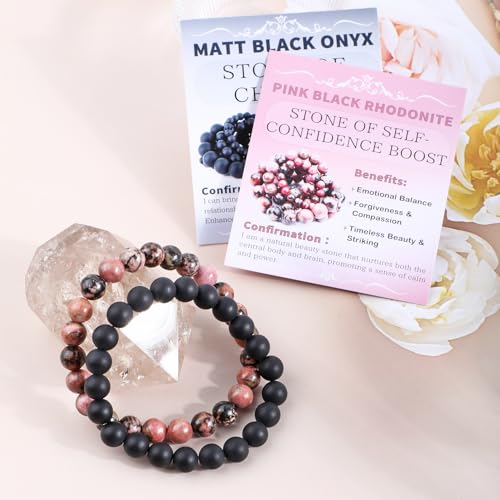 NCB 2.3-Piece 4mm Natural Crystal Gemstone Stretch Bracelets – Handmade Reiki Energy Healing Jewelry for Meditation,Yoga, Unisex - color: 2PCS ( Pink black Rhodonite+Matte Black Agate ), size: 8mm