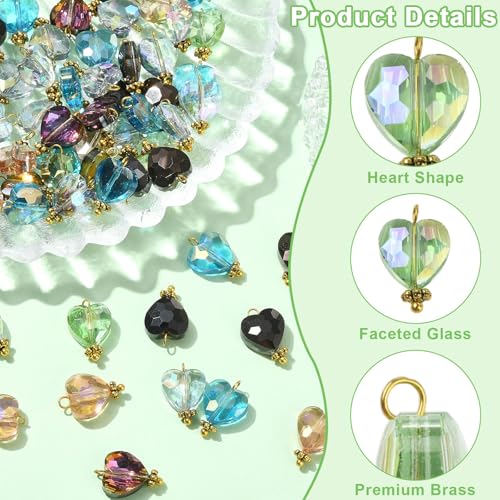 Ipotkitt 100 Pcs Electroplate Glass Beads Faceted Crystal Charms Colorful Heart Dangle Charms for DIY Earring Necklace Bracelets Jewelry Making - color: 100pcs-Faceted Glass Charms-15x9x5.5mm