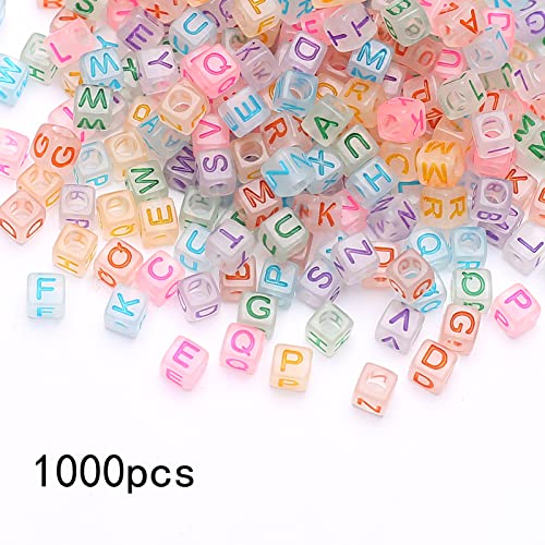 1000Pcs Transparent Acrylic Square Letter Beads Acrylic Cube Beads Luminous Glow in The Dark Glow Letter Beads Cube Beads Glow in The Dark Beads for Jewelry Making, Bracelets - color: Glow-color(6mm)