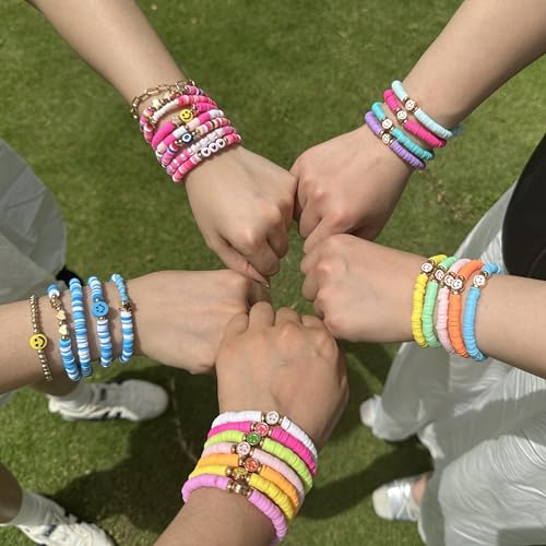 Friendship Bracelets Boho Stackable Bracelets for Women Surfer Heishi Clay Bead Bracelets Stretch Preppy Bracelets Colorful Boho Bracelets for Women - color: 13pcs Blue Pink