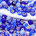 1 Box 160pcs 8 Styles Blue Millefiori Lampwork Beads Handmade Flower Heart Evil Eye Flat Round Glass Loose Spacer Bead Charm Bulk for Jewelry Making Bracelets Necklaces DIY Craft Supply