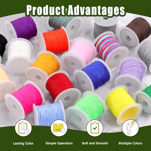 Keadic 437 Yards/ 400 Meters Nylon String for Bracelets Making, 20 Rolls 0.8mm Satin Silk Chinese Knotting Cord Beading Thread for Friendship Bracelets Tassels Necklaces Jewelry Crafting