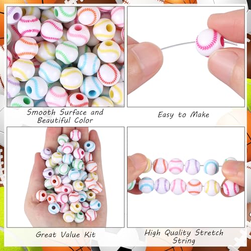 100pcs Baseball Beads with 5.5 Yard Elastic Rope,Acrylic Softball Bead Sports Beads DIY Spacer for Necklace Bracelet Keychains Handmade Jewelry Making Accessories,12mm(Rainbow Baseball) - color: Rainbow Baseball