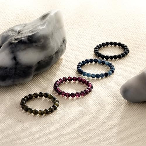 NLIEO Natural Gemstone Stretch Beaded Rings for Women Stackable Dainty Elastic Crystal Rings Jewelry - style: Blue Tigers Eye