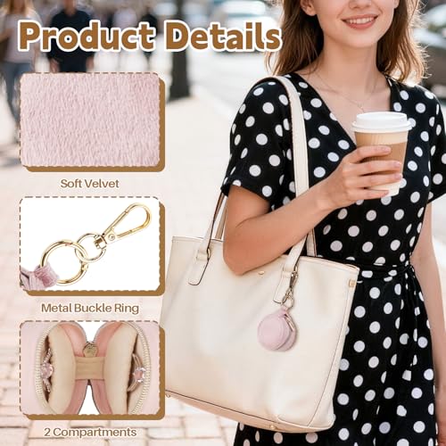 Jewelry Ring Holder Keychain, 2 Pack Velvet Jewelry Holder Storage Box with Buckle, Portable Small Travel Ring Keeper Case for Rings, Earrings, Stud, Necklaces (Pink+Light Blue) - color: Pink+Light Blue