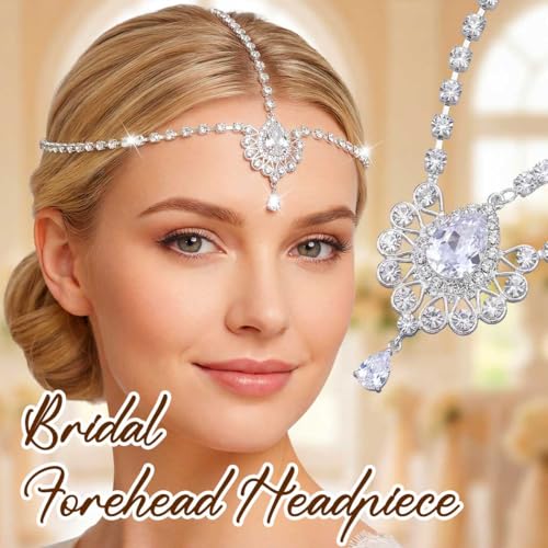 Brishow Crystal Head Chain Jewelry Gold Rhinestone Hair Chain Boho Bridal Headpiece for Women - color: Silver