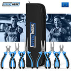E•Werk - 6-Pc Mini Pliers Set - Linesman, Long Nose, Needle Nose, Bent Nose, Diagonal Cutting & Wire Cutters - Electrician Tool Kit w/Small Pouch - Use for Jewelry Craft & Electronic Repairs