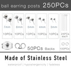 250Pcs No Tarnish Ball Stud for Earring Making, stino Hypoallergenic Stainless Steel Earring Posts, Jewelry Findings Supplies, Silver & Gold Plated (Silver) - color: Silver