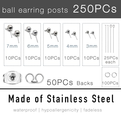 250Pcs No Tarnish Ball Stud for Earring Making, stino Hypoallergenic Stainless Steel Earring Posts, Jewelry Findings Supplies, Silver & Gold Plated (Silver) - color: Silver