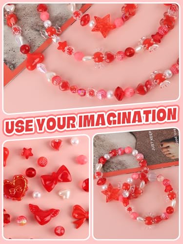 150PCS Valentine's Day Acrylic Pastel Beads for Jewelry Making, Kalolary Colorful Bow Butterfly Flower Kawaii Plastic Candy Heart Cute Macaroon Aesthetic Beads for Bracelet Necklace DIY Supplies (Red) - color: Red