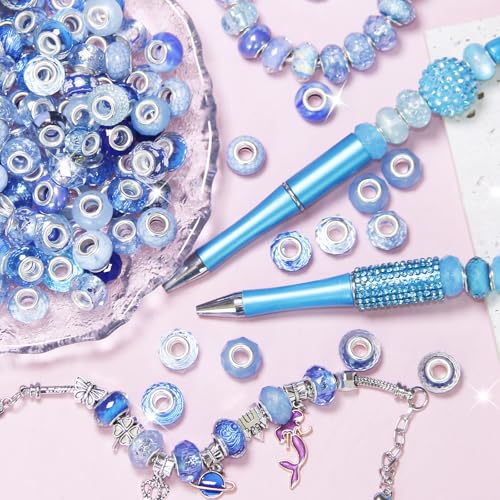 100 Pieces Large Hole Beads Spacer Bead Blue Assorted European Craft Big Beads Large Hole Lampwork Murano Fairy Wand Garden Bead for DIY Pens Charms Bracelet Necklace Keychain Jewelry Making Supplies - color: Blue, size: 100 Pcs
