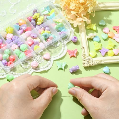 Ipotkitt 1 Box AB Color Opaque Acrylic Beads Candy Color Spacer Bead Kit Round Heart Butterfly Candy Rose Beads for Bracelets Jewelry Making DIY Crafts - color: 1box-Mixed Shapes-9~13mm