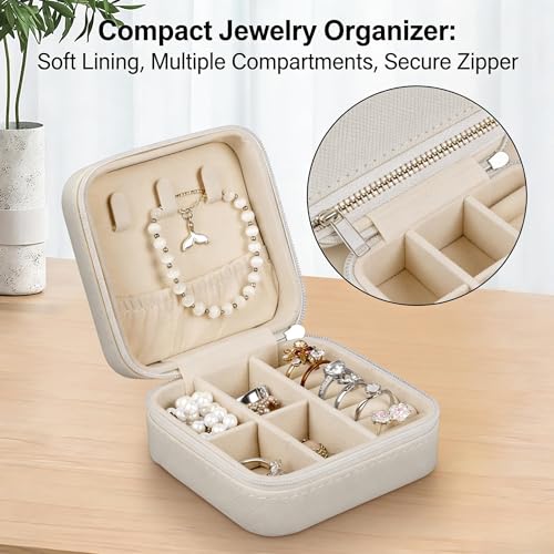 Small Travel Jewelry Box, PU Leather Portable Organizer with Compartments for Earrings, Rings, Necklaces, Mini Storage Case for Women and Girls, Bridesmaid Gift
