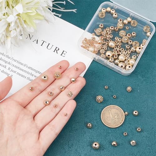PH PandaHall 120pcs 14K Gold Spacer Beads 4/5/6/8mm Beads Brass Round Beads Metal Loose Beads Long-Lasting Spacers for Clay Bead Summer Bikini Beach Layered Stackable Necklace Bracelet Jewelry Making