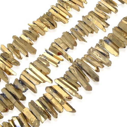 Adabele 30 Inch Natural Raw Healing Crystal Quartz Gemstone Loose Beads Small Drilled Point Gold Titanium Coated Chakra Gem Stone Drop Stick GA3 - color: Gold, size: Small Size (30 Inch/2 Strands)