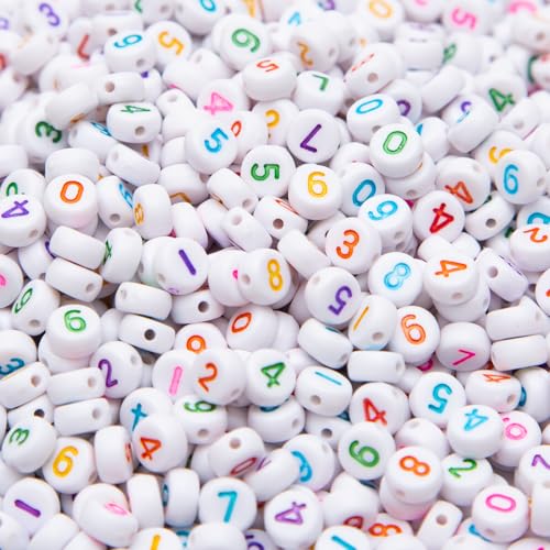 1000Pcs Acrylic Number Beads Round Number Round Beads 4x7mm Mixed Number Beads, for Jewelry Bracelets Necklaces Key Chains Making (White Colorful) - color: White Colorful