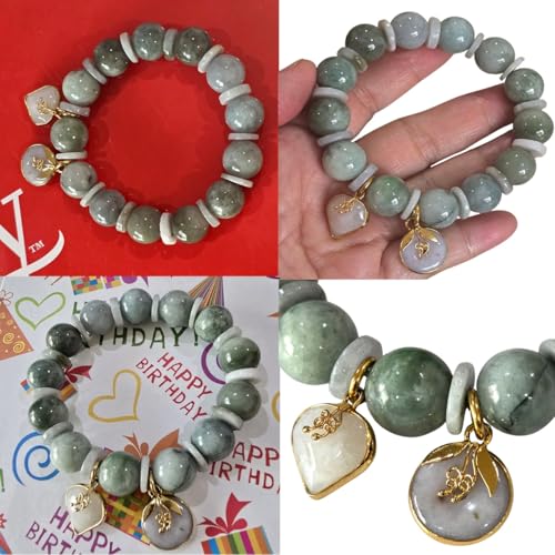 Natural Green Jade Beaded Bracelet with White Jade Spacer & Heart Charm – Elastic Stretch Crystal Bracelet for Luck, Love & Protection – Gift Box Included