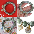 Natural Green Jade Beaded Bracelet with White Jade Spacer & Heart Charm – Elastic Stretch Crystal Bracelet for Luck, Love & Protection – Gift Box Included