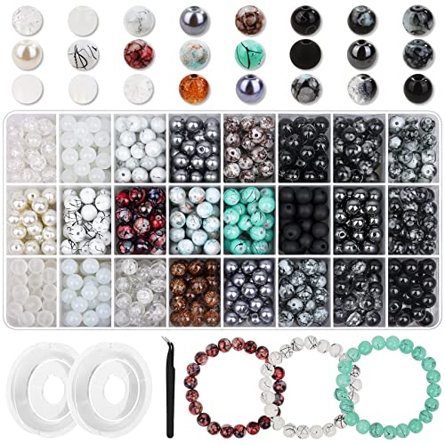840pcs 8mm Glass Beads - 24 Colors, Round Marble Loose Beads for Men Women Bracelet Earring Necklace Jewelry Making Supplies - color: Black