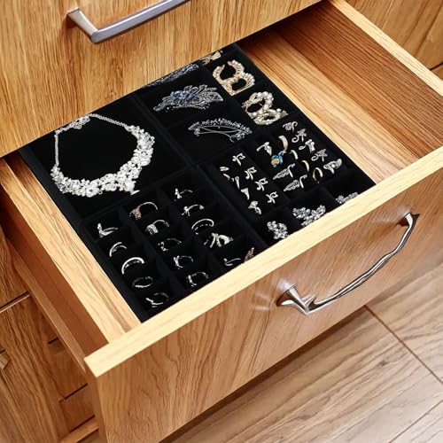 8 Pcs 4 Styles Velvet Jewelry Tray, 8" x 5" Stackable Jewelry Tray, Drawer Trays for Rings, Earrings, Necklace, Bracelet, Black