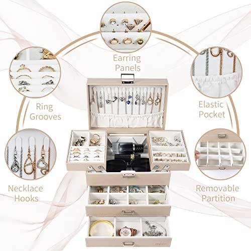 Dajasan Jewelry Organizer Box, Large Jewelry Boxes for Women Girls, Space-Saving 4 Layers Jewelry Storage Case with Drawer, Movable Metal Stand, Modern, Gift Idea (Champagne + Silver) - color: Champagne + Silver