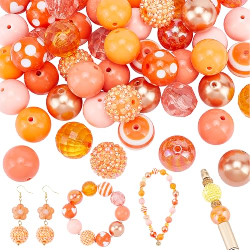 PH PandaHall 50pcs Orange Beads for Fall - 20mm Large Chunk Bubblegum Acrylic Focal Rhinestone Beads for Pen Halloween Garland Jewelry Bracelet Necklace Bag Making - color: Orange