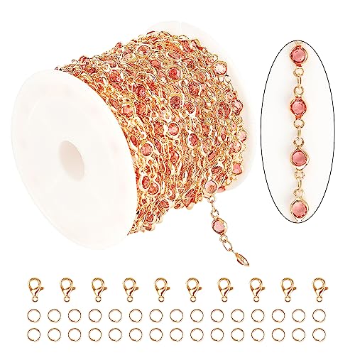 KYUNHOO 16.4 Feet Gold Plated Brass Chain for Jewelry Making with Lobster Clasps and Jump Rings Rosy Rhinestone Beads Chain for Bracelet Necklace Making DIY Jewelry Craft Gift Idea Supplies - color: Rosy Bead-Gold