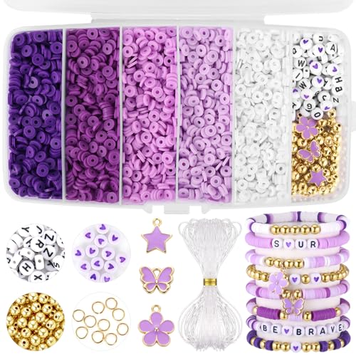 Purple Clay Beads, Purple Beads for Jewelry Making, 5000Pcs Heishi Beads for Friendship Bracelets Making Kit with Charms Letter Gold Beads, Party Birthday DIY Crafts for Women(6mm, 5 Colors) - color: 9.Purple