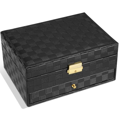 GUOER Jewelry Box for Women Girl Wife - Large PU Leather Jewelry Organizer Storage Case with Two Layers Display for Earrings Bracelets Rings Watches (Checkered Black) - color: Checkered Black