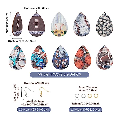 Elecrelive Teardrop Wood Earring Making Kit 36pcs Sport Theme Printed Earring Charms Ball Game Big Wood Pendants with Basketball Baseball Tennis Pattern for DIY Jewelry Making - color: Sport Theme
