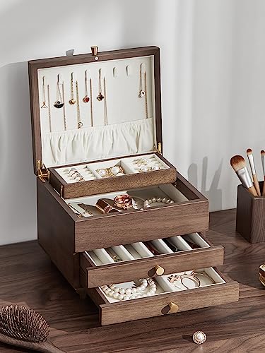 Wooden Jewelry Box, 3 Layer Large Jewelry Organizer for Women, Jewelry Storage, for Necklaces Rings Earring Watches Bracelets, Black Walnut Wood, Mothers Day Gifts for Mom