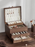 Wooden Jewelry Box, 3 Layer Large Jewelry Organizer for Women, Jewelry Storage, for Necklaces Rings Earring Watches Bracelets, Black Walnut Wood, Mothers Day Gifts for Mom