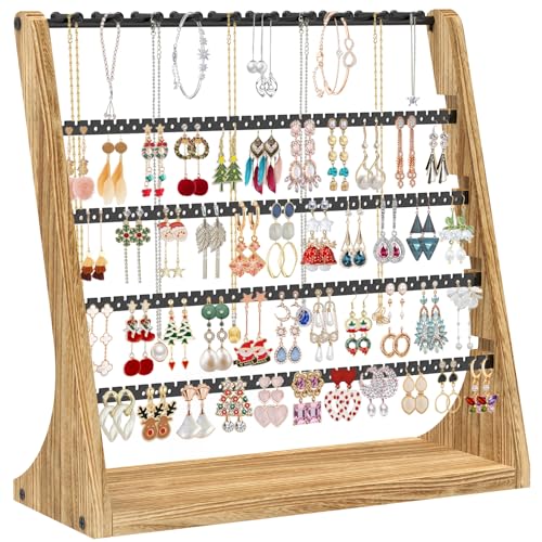 MODOWEY Earring Holder Organizer and Necklace Display Stand, Countertop Wooden Tree Rack for Stud Pierced Dangle Bracelet Storage, 5 Tier 20 Hooks Large Capacity Metal Jewelry Hanger for Women - color: Burnt Oak