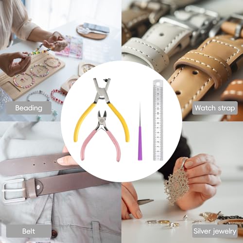 4PCS Band Leather Punching Pliers 2.0mm Belt Punch Tool for Belt with Ruler & Wire Cutters, Punching Tool Lace Punch Hand Wrist Strap Leather Punching Tool for DIY Craft Shoes Fabric - style: Full Kits