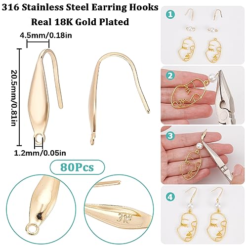 SUNNYCLUE 1 Box 80Pcs Stainless Steel Earring Hooks Real 18K Gold Plated Ear Wires with Loops Fish Hooks French Earring Findings for Pierced Ears Jewelry Making Supplies Hypoallergenic - color: 80pcs 18k Gold Plated Drop Shaped Earring Hooks