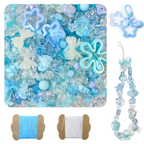 500G Assorted Acrylic Beads 600-760PCS Cute Beads for Jewelry Making 10M 0.8MM Nylon Strip Flower Star Bear Bow Aesthetic Kawaii Charms for Bracelet DIY Necklace Keychain Phone Charm-Blue - color: 500g-Blue