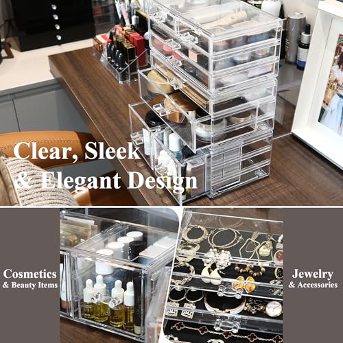Sea Team 3-Layer Stackable Clear Makeup Organizer with Drawers, Acrylic Plastic Cosmetic Display Case, Jewelry Storage Box, Holder for Dresser, Bathroom, Vanity, Countertop (8 Drawers) - size: 3-Layer, 8 Drawers