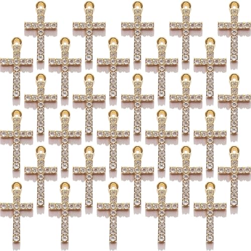Zirconia Crystal Rhinestone Cross Charms for Jewelry Making Bracelet Necklace Choke Earring Pendant Key Chain Craft Supplies DIY Accessories - color: D_Gold_30Pcs