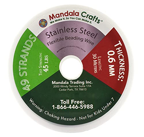 Mandala Crafts 49 Strand Beading Wire for Jewelry Making - 98 FT 22 Gauge Stainless Steel Braided Tiger Tail Wire for Bead Stringing - size: 49 Strands 22 Gauge 0.6MM 98FT