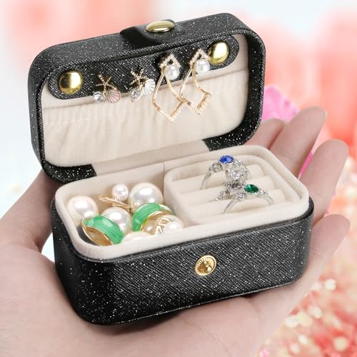 KUKUVR Small Travel Jewelry Box, Mini Jewelry Holder for Multiple Rings Necklace Earrings Lipstick, Portable Jewelry Storage Organizer Case with Removable Ring Slot (BLACK) - color: BLACK